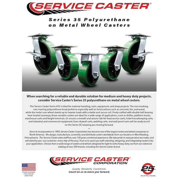 8 Inch Heavy Duty Green Poly on Cast Iron Caster Set with Ball Bearing and Brake